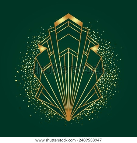 Art Deco vintage gold patterns over dark green, frames and design elements. Retro party geometric background set 1920s style. Vector illustration for glamour party