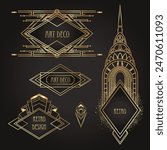 Art Deco vintage gold and silver design element over black. Retro party geometric background set in 1920s style. Vector illustration for glamour party, thematic wedding or textile prints.