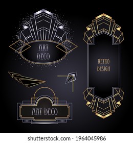 Art Deco vintage gold and silver design element over black. Retro party geometric background set (1920's style). Vector illustration for glamour party, thematic wedding or textile prints.