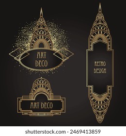 Art Deco vintage gold and silver design element over black. Retro party geometric background set in 1920s style. Vector illustration for glamour party, thematic wedding or textile prints.