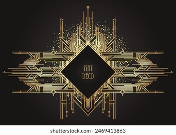 Art Deco vintage gold and silver design element over black. Retro party geometric background set in 1920s style. Vector illustration for glamour party, thematic wedding or textile prints.