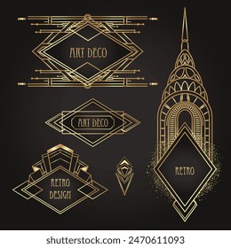 Art Deco vintage gold and silver design element over black. Retro party geometric background set in 1920s style. Vector illustration for glamour party, thematic wedding or textile prints.