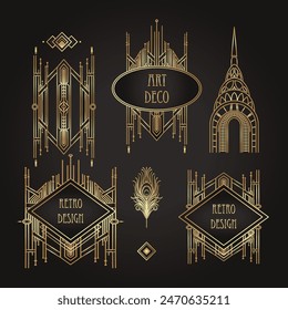 Art Deco vintage gold and silver design element over black. Retro party geometric background set, 1920s style. Vector illustration for glamour party, wedding or textile prints.