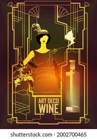 Art Deco vintage golden invitation template design with illustration of girl, stylized wine bottle. Retro party background set (1920's style). Vector for glamour event, thematic wedding or jazz party.