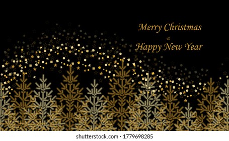 Art Deco, Vintage golden lines spruce grove on black background. Christmas tree with text Merry Christmas and Happy New Year. Postcard, background, greeting, invitation design. Vector