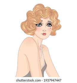 Art Deco vintage illustration of flapper girl. Retro party character in 1920 s style. Vector design for glamour event or jazz party.