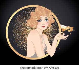 Art Deco vintage illustration of flapper girl. Retro party character in 1920 s style. Vector design for glamour event or jazz party.