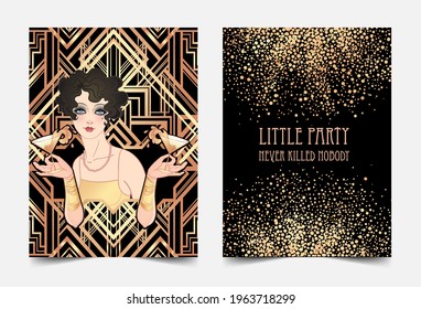 Art Deco vintage illustration of flapper girl. Retro party character in 1920 s style. Vector design for glamour event or jazz party.