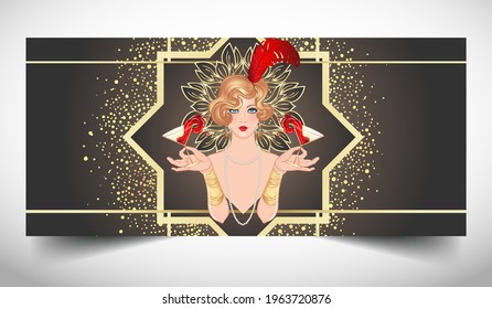 Art Deco vintage illustration of flapper girl. Retro party character in 1920 s style. Vector design for glamour event or jazz party.