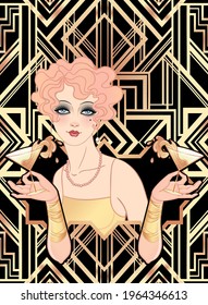 Art Deco vintage illustration of flapper girl. Retro party character in 1920 s style. Vector design for glamour event or jazz party.