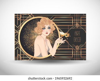 Art Deco vintage illustration of flapper girl. Retro party character in 1920 s style. Vector design for glamour event or jazz party.