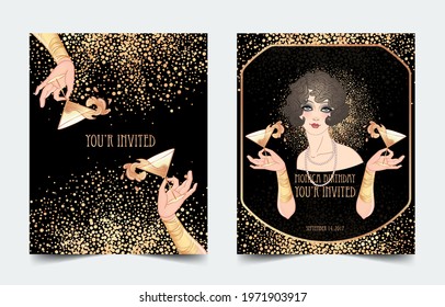 Art Deco vintage illustration of flapper girl. Retro party character in 1920 s style. Vector design for glamour event or jazz party.