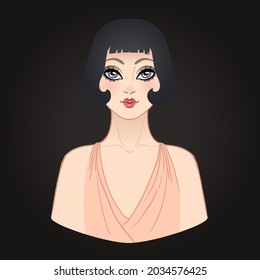 Art Deco vintage illustration of flapper girl. Retro party character in 1920s style. Vector design for glamour event or jazz party.