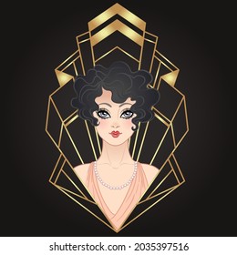 Art Deco Vintage Illustration Of Flapper Girl. Retro Party Character In 1920s Style. Vector Design For Glamour Event Or Jazz Party.