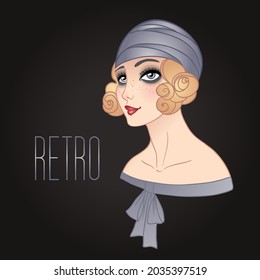 Art Deco vintage illustration of flapper girl. Retro party character in 1920s style. Vector design for glamour event or jazz party.