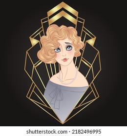 Art Deco Vintage Illustration Of Flapper Girl. Retro Party Character In 1920s Style. Vector Design For Glamour Event Or Jazz Party.