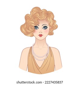 Art Deco vintage illustration of flapper girl. Retro party character in 1920s style. Vector design for glamour event or jazz party.