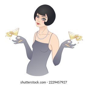 Art Deco Vintage Illustration von flapper Mädchen mit einem Getränk. Retro Partycharakter im Stil der 1920er Jahre. Vektordesign für glamouröse Veranstaltung oder Jazzparty.