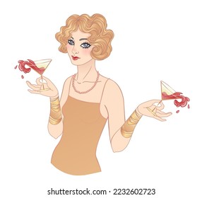 Art Deco vintage illustration of flapper girl with a drink. Retro party character in 1920 s style. Vector design for glamour event or jazz party.