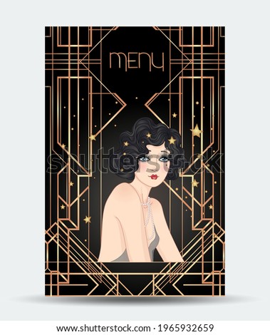 Art Deco vintage illustration of flapper girl. Retro party character in 1920 s style. Vector design for glamour event or jazz party.