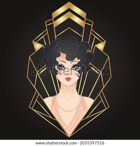 Art Deco vintage illustration of flapper girl. Retro party character in 1920s style. Vector design for glamour event or jazz party.