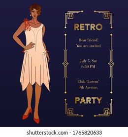 Art Deco vintage invitation with elegant woman. Cover, square banner or greeting card a-la Roaring 20s. Golden geometric frame, copy space and illustration of stylish lady. Also for social media post