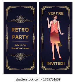 Art Deco vintage invitation with flapper girl. Cover, vertical banner, story a-la Roaring 20s. Black and gold geometric frame, copy space and cute woman. Layout is suitable for two-sided printed