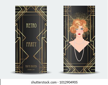 Art Deco vintage invitation template design with illustration of flapper girl. patterns and frames. Retro party background set (1920's style). Vector for glamour event, thematic wedding or jazz party.