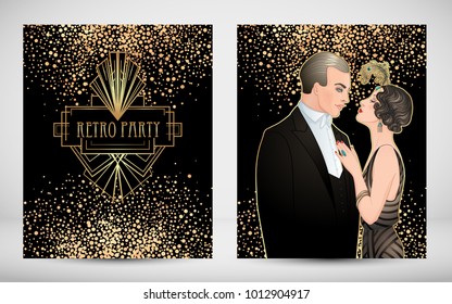 Art Deco vintage invitation template design with illustration of flapper girl. patterns and frames. Retro party background set (1920's style). Vector for glamour event, thematic wedding or jazz party.