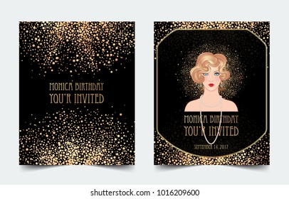 Art Deco vintage invitation template design with illustration of flapper girl. patterns and frames. Retro party background set (1920's style). Vector for glamour event, thematic wedding or jazz party.