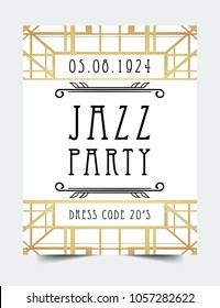 Art Deco vintage invitation template design. patterns and frames. Retro party geometric background set (1920's style). Vector illustration for glamour event, thematic wedding or jazz party.