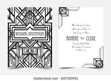 Art Deco vintage invitation template design. patterns and frames. Retro party geometric background set (1920's style). Vector illustration for glamour event, thematic wedding or jazz party.