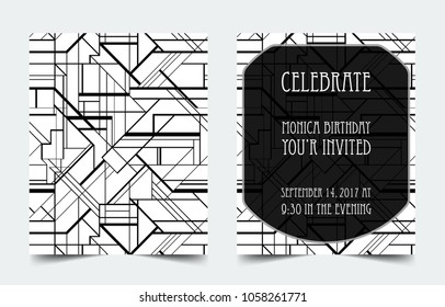 Art Deco vintage invitation template design. patterns and frames. Retro party geometric background set (1920's style). Vector illustration for glamour event, thematic wedding or jazz party.