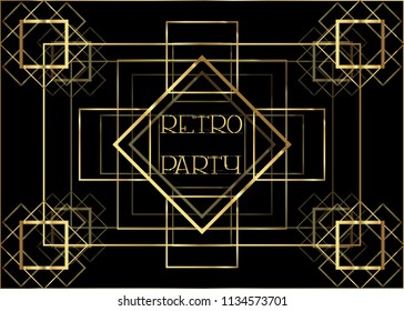 Art Deco vintage invitation template design with illustration of golden geometric motif. patterns and frames. Retro party background 1920s style. Vector for glamour event, thematic wedding, jazz party