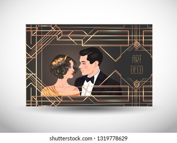 Art Deco vintage invitation template design with illustration of flapper girl. patterns and frames. Retro party background set (1920's style). Vector for glamour event, thematic wedding or jazz party.