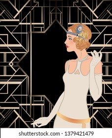 Art Deco vintage invitation template design with illustration of flapper girl. patterns and frames. Retro party background set (1920's style). Vector for glamour event, thematic wedding or jazz party