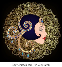 Art Deco vintage invitation template design with illustration of flapper girl. patterns and frames. Retro party background set (1920's style). Vector for glamour event, thematic wedding or jazz party.