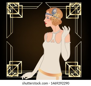 Art Deco vintage invitation template design with illustration of flapper girl. patterns and frames. Retro party background set (1920's style). Vector for glamour event, thematic wedding or jazz party.