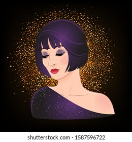 Art Deco vintage invitation template design with illustration of flapper girl. patterns and frames. Retro party background set (1920's style). Vector for glamour event, thematic wedding or jazz party.