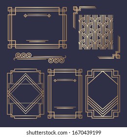Art Deco vintage invitation template design. patterns and frames. Retro party geometric background set (1920's style). Vector illustration for glamour event, thematic wedding or jazz party.