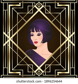 Art Deco vintage invitation template design with illustration of flapper girl. patterns and frames. Retro party background set (1920's style). Vector for glamour event, thematic wedding or jazz party.