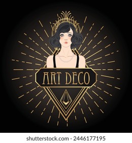 Art Deco vintage invitation template design with illustration of flapper girl over patterns and frames. Retro party background set in1920s style. Vector for glamour party.