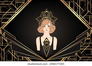 Art Deco vintage invitation template design with illustration of flapper girl over patterns and frames. Retro party background set in1920s style. Vector for glamour party.