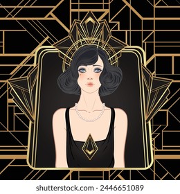 Art Deco vintage invitation template design with illustration of flapper girl over patterns and frames. Retro party background set in1920s style. Vector for glamour party.