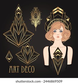 Art Deco vintage invitation template design with illustration of flapper girl over patterns and frames. Retro party background set in1920s style. Vector for glamour party.