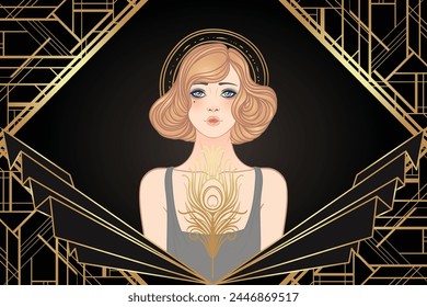 Art Deco vintage invitation template design with illustration of flapper girl over patterns and frames. Retro party background set in1920s style. Vector for glamour party.