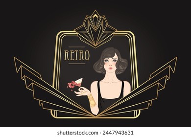 Art Deco Vintage Einladung Vorlage Design mit Illustration von Flapper Girl über Muster und Rahmen. Retro-Party-Hintergrund im Stil der 1920er Jahre. Vektorgrafik für Glamour Party.