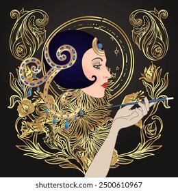 Diseño de Plantilla de invitación vintage art déco con ilustración de flapper girl. patrones y marcos. Conjunto de fondo de fiesta retro estilo de la década de 1920. Vector para el acontecimiento del glamour, espectáculo del cabaret, boda temática