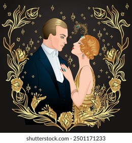 Diseño de Plantilla de invitación vintage art déco con ilustración de flapper girl. patrones y marcos. Conjunto de fondo de fiesta retro estilo de la década de 1920. Vector para el acontecimiento del glamour, espectáculo del cabaret, boda temática