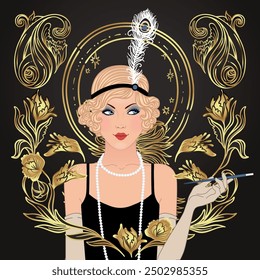 Diseño de Plantilla de invitación vintage art déco con ilustración de flapper girl. patrones y marcos. Conjunto de fondo de fiesta retro estilo de la década de 1920. Vector para el acontecimiento del glamour, espectáculo del cabaret, boda temática